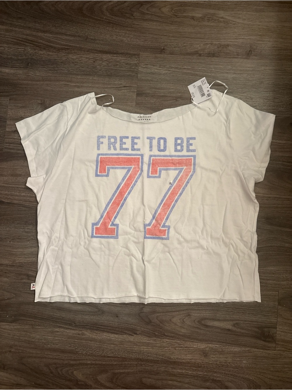 American Eagle Outfitters White Crop Tee with Red and Blue '77' Graphic